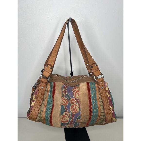 Fossil Leather Trim Patchwork Hobo Shoulder Purse - Picture 1 of 10